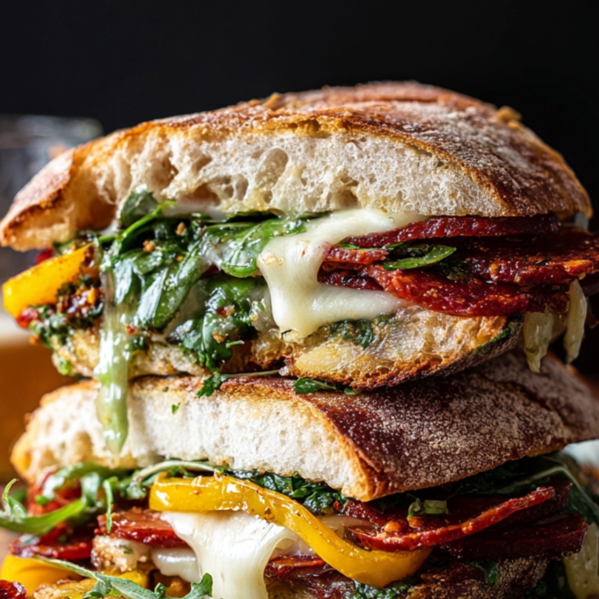 Party Size Italian Melt A beautiful, melted Italian sandwich stacked with melted mozzarella cheese, crispy pepperoni, fresh arugula, and vibrant yellow bell peppers. The rustic bread holds the flavorful layers together, with a gooey, melted cheese center and a crisp exterior, making this sandwich both delicious and visually appetizing.