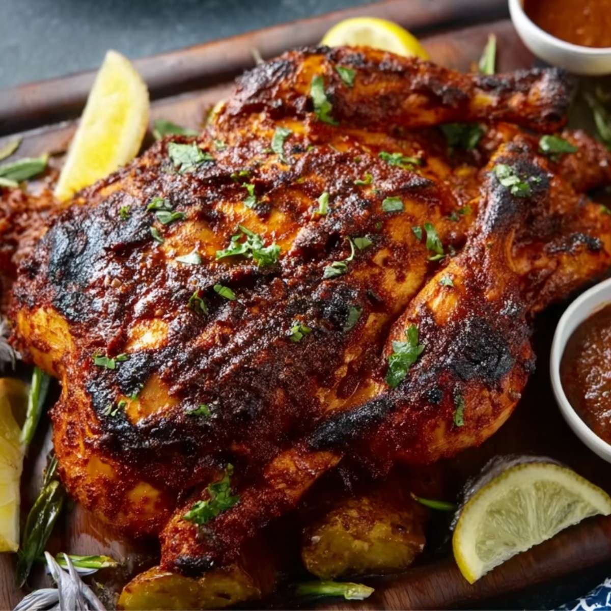 Peri Peri Chicken A succulent peri-peri chicken roasted to perfection, glazed with a rich, spicy sauce. The crispy skin is coated in a mouth-watering layer of seasoning, and the dish is garnished with fresh herbs and lemon wedges. This dish exudes bold flavors and a satisfying crunch from the roasted skin.
