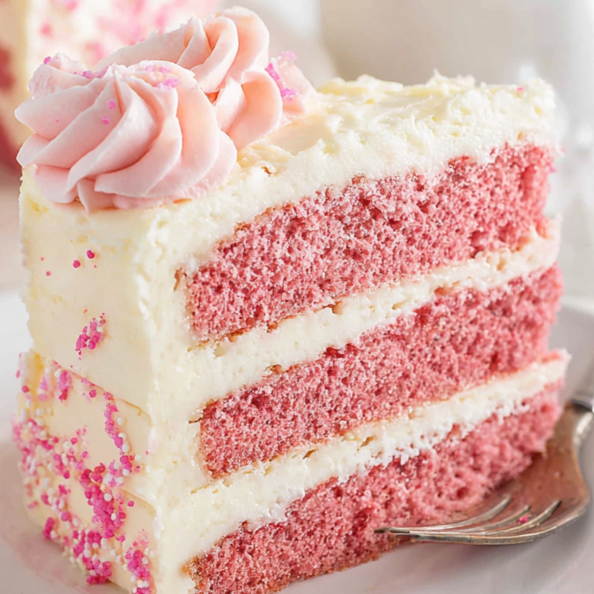 Pink Velvet Cake Slice of pink velvet layer cake with white buttercream frosting, pink sprinkles, and a piped rosette on a white plate.