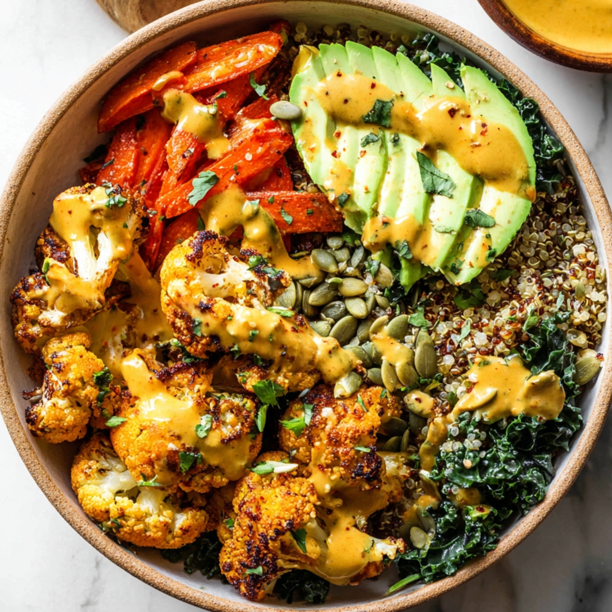 Roasted Veggie Glow Bowls Roasted veggie glow bowl with turmeric tahini sauce, featuring spiced cauliflower, roasted carrots, quinoa, sautéed kale, sliced avocado, and pumpkin seeds in a ceramic bowl.