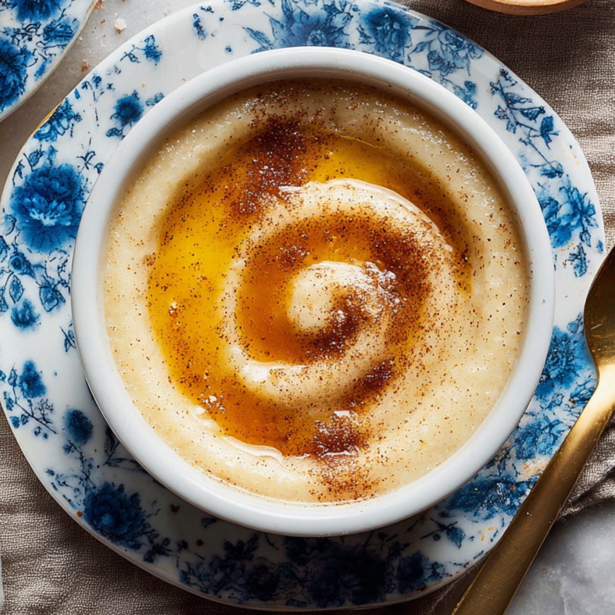 Capture a cozy and inviting close-up of creamy, smooth porridge served in delicate white ramekins. The golden swirl of melted butter sits atop the porridge, accompanied by a dusting of cinnamon and a sprinkle of salt, adding texture and warmth. The ramekins are placed on traditional blue floral plates, with a golden spoon resting nearby. The background shows a rustic cloth and a small bowl of pink salt, enhancing the homely and comforting vibe of the dish.