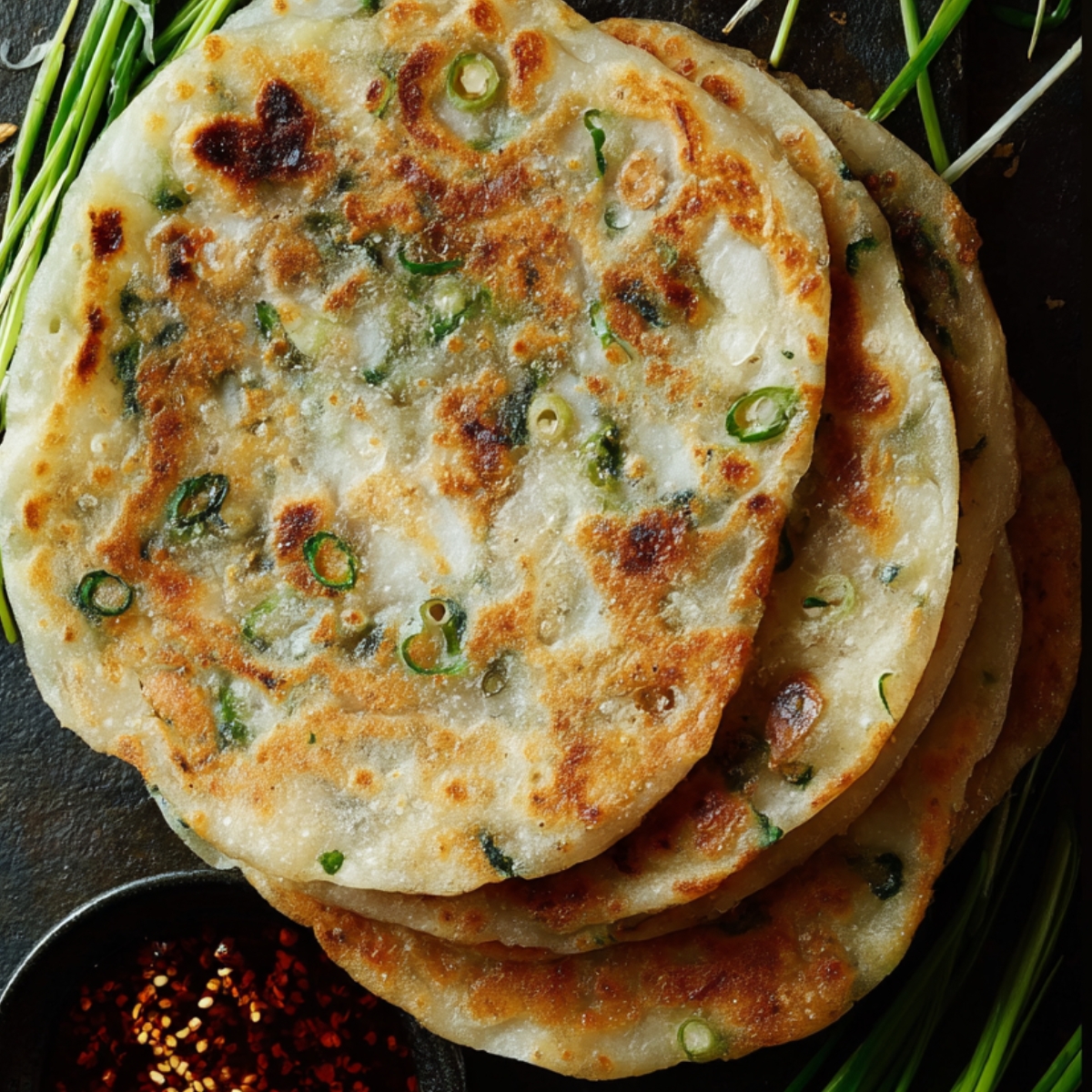 Scallion Pancakes Golden-brown Chinese scallion pancakes stacked on a dark surface, showing crispy blistered layers with chopped green onions.