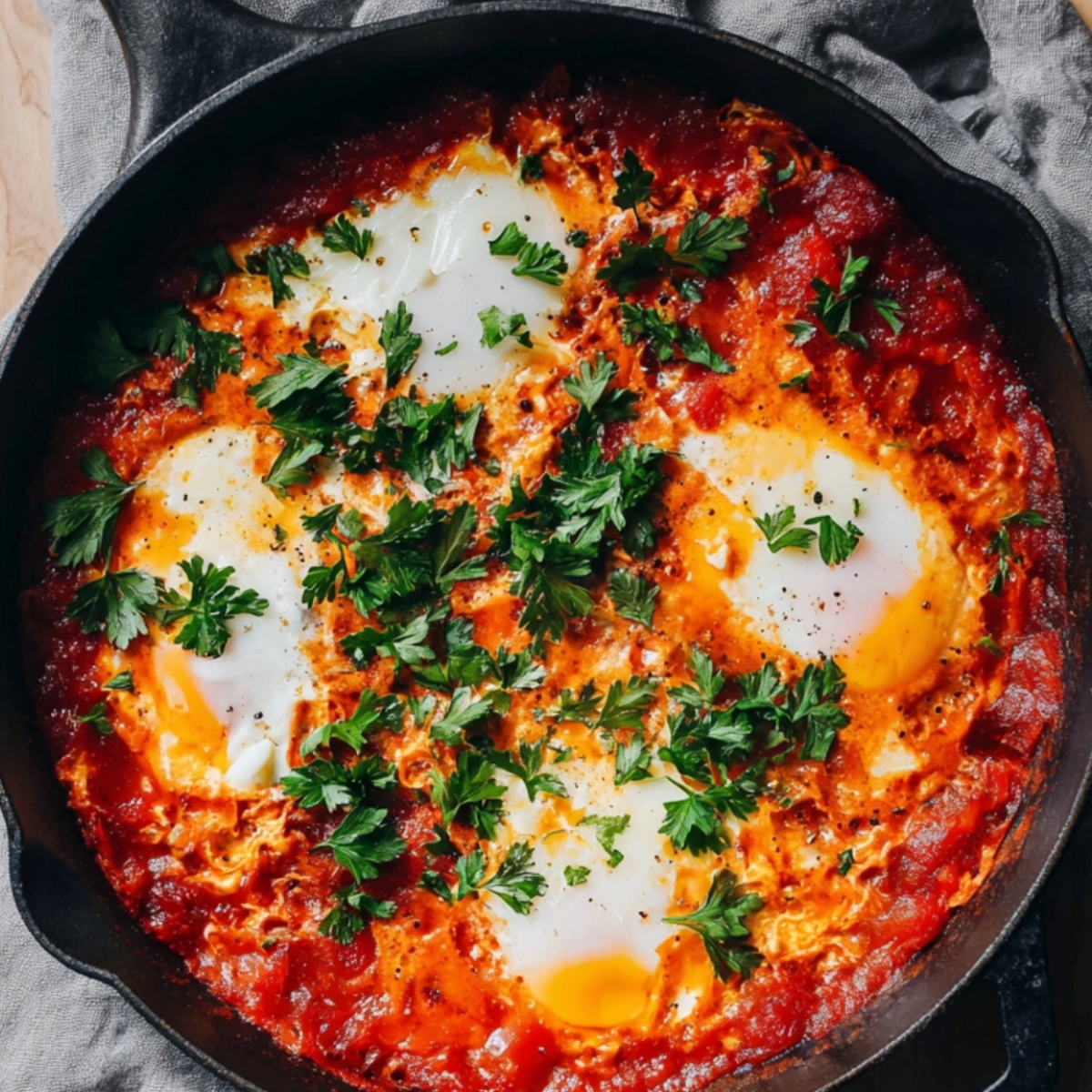 A vibrant shakshuka with perfectly poached eggs nestled in a rich, spiced tomato sauce. The dish is garnished with fresh parsley, and the skillet is sizzling with the vibrant, golden yolks of the eggs against the deep red sauce