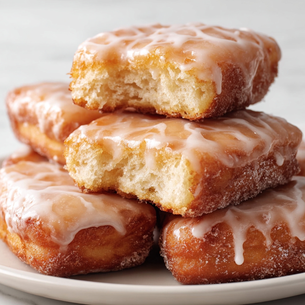 Close-up of glazed donut bars stacked on a plate, showing soft fluffy interior and dripping sugar glaze.