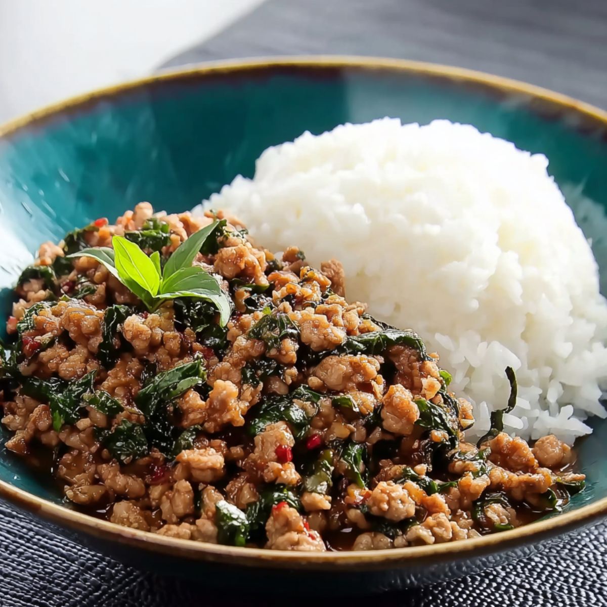 Spicy Thai Basil Chicken Finished spicy Thai basil chicken served with steamed white rice in a blue ceramic bowl.