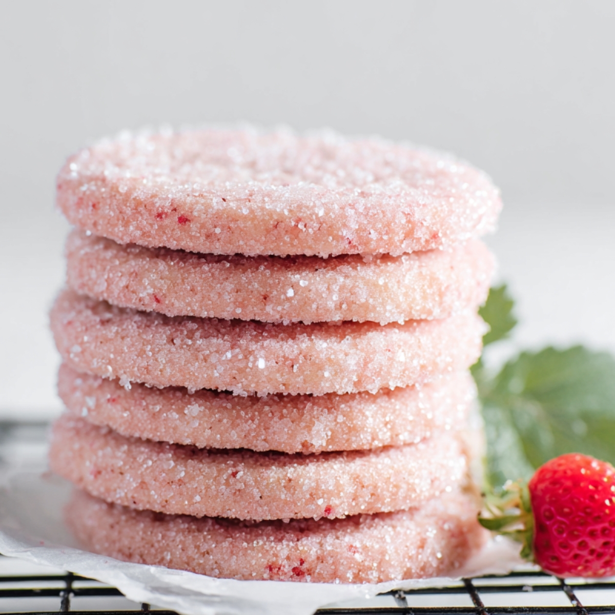Strawberry Shortbread Cookies Stack of pink strawberry shortbread cookies coated in coarse sugar, resting on parchment paper over a cooling rack with a fresh strawberry garnish.