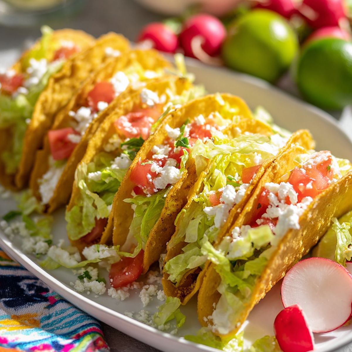 Tacos de Papa Crispy potato tacos topped with shredded lettuce, diced tomatoes, and crumbled cheese, served on a white platter with limes and radishes.