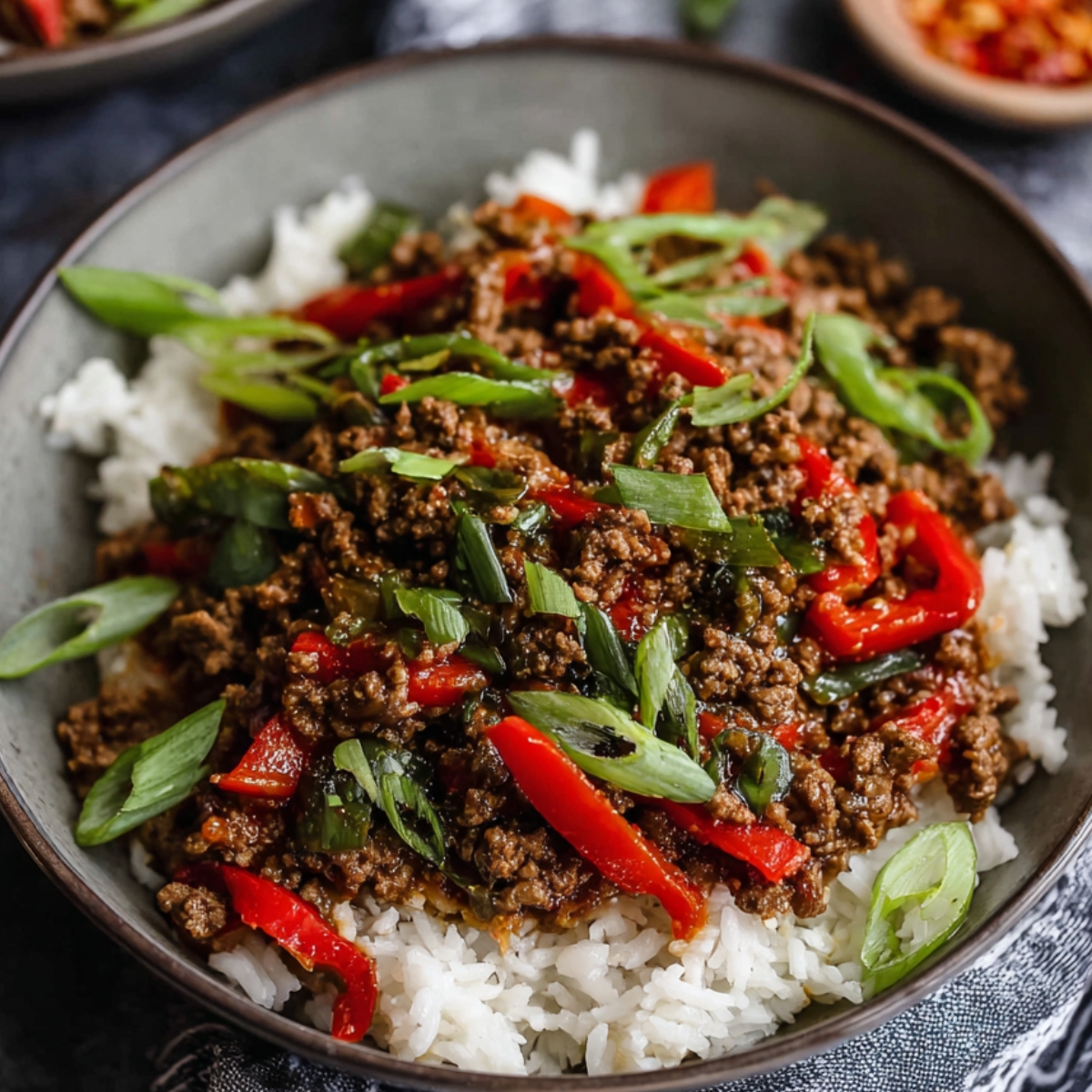 Thai Basil Beef Homemade Thai Basil Beef – Ground beef, vibrant red bell peppers, and fragrant Thai basil, all simmered in a rich blend of savory sauces and served over a bed of steamed rice. Topped with fresh green onions, this easy-to-make stir-fry is packed with bold flavors and perfect for a quick weeknight dinner.