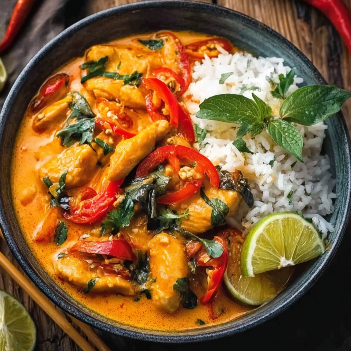 Thai Red Chicken Curry A comforting bowl of Thai Red Chicken Curry with perfectly cooked chicken, vibrant red bell peppers, and fresh basil. Paired with steamed rice, this dish offers a rich and aromatic flavor that’s sure to impress.