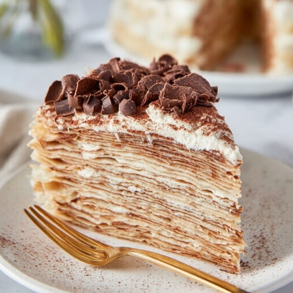 Tiramisu Crepe Cake Slice of layered crepe cake with thin crepes and cream filling, topped with cocoa powder and chocolate shavings on a white plate with a gold fork.