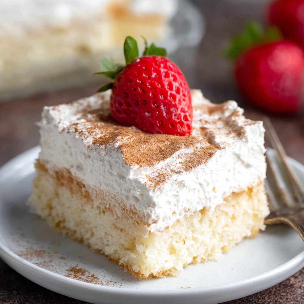 Tres Leches Cake Recipe A slice of Tres Leches cake beautifully plated on a small white plate. The cake is topped with a generous layer of whipped cream and a fresh strawberry on top. A light dusting of cinnamon adds a touch of elegance, with a rustic background and a fork placed beside the slice