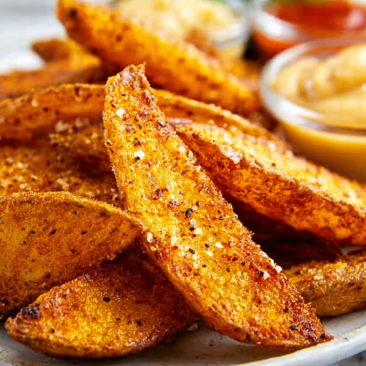 copycat KFC potato wedges A close-up view of perfectly baked, crispy potato wedges with a beautifully seasoned coating, served with dipping sauces for extra flavor and enjoyment.