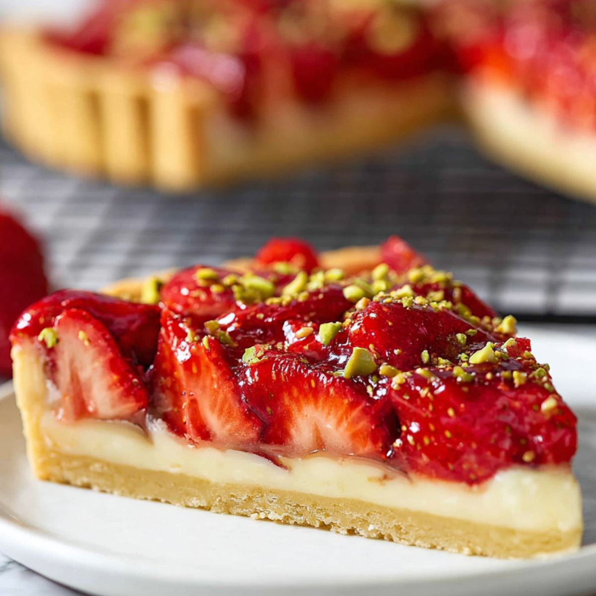  strawberry tart
Fresh strawberry tart with creamy vanilla custard, golden shortcrust base, and chopped pistachios, photographed close-up