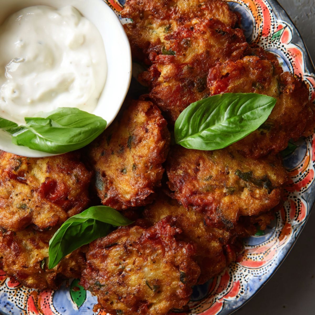 tomato fritter 
A plate of freshly fried tomato fritters served with a side of creamy dipping sauce, garnished with a sprig of basil for a fresh touch. The fritters are golden and crispy, perfect for a savory snack or appetizer.