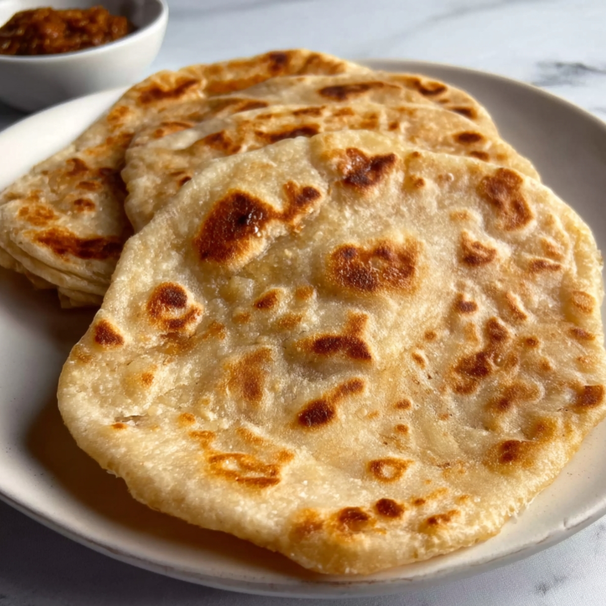 Showcase the irresistible appeal of freshly made parottas, stacked neatly on a plate, with their crispy, golden-brown surface and soft, flaky interior. This traditional bread is ready to be enjoyed with a side of curry or chutney.