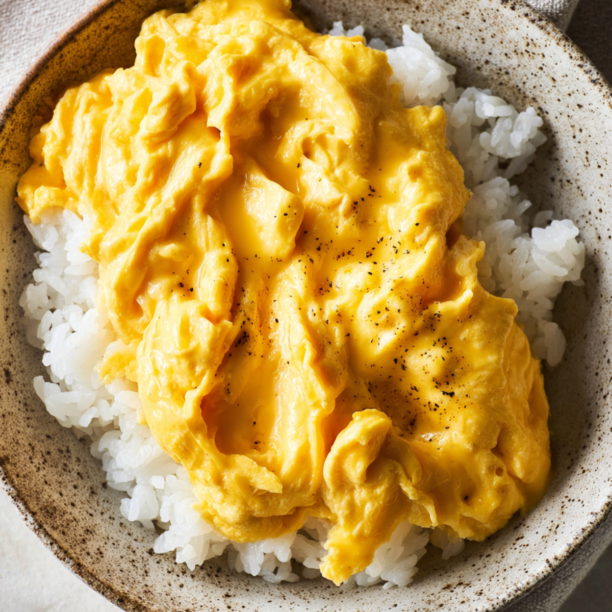 Close-up of soft, custardy miso scrambled eggs layered over fluffy white rice in a speckled ceramic bowl.