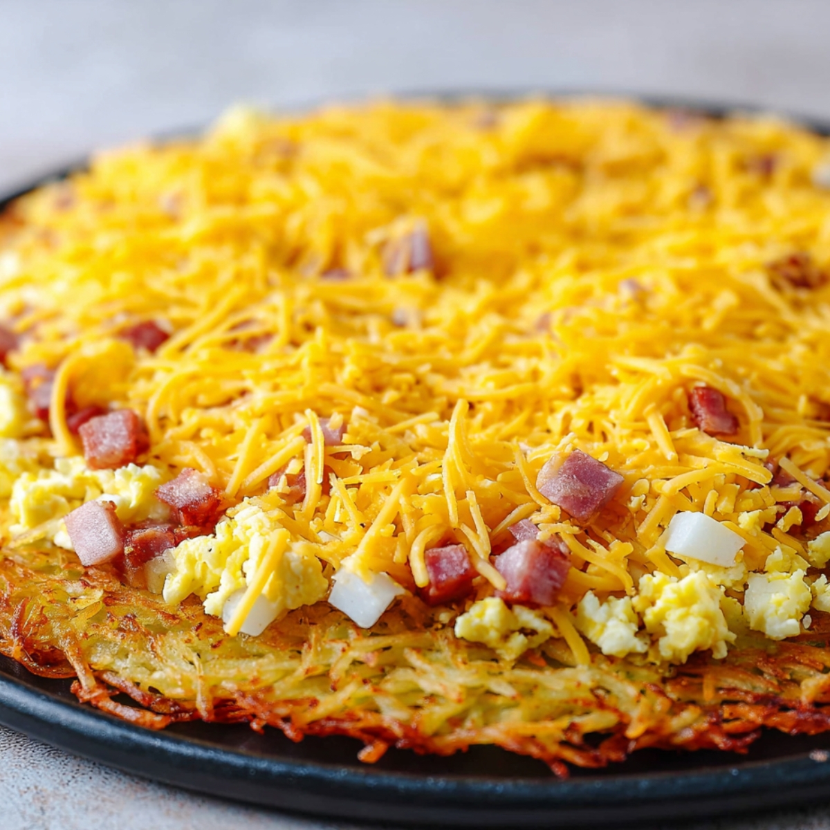 Breakfast pizza with a golden hash brown crust topped with shredded cheddar cheese, scrambled eggs, bacon, and diced ham before slicing.