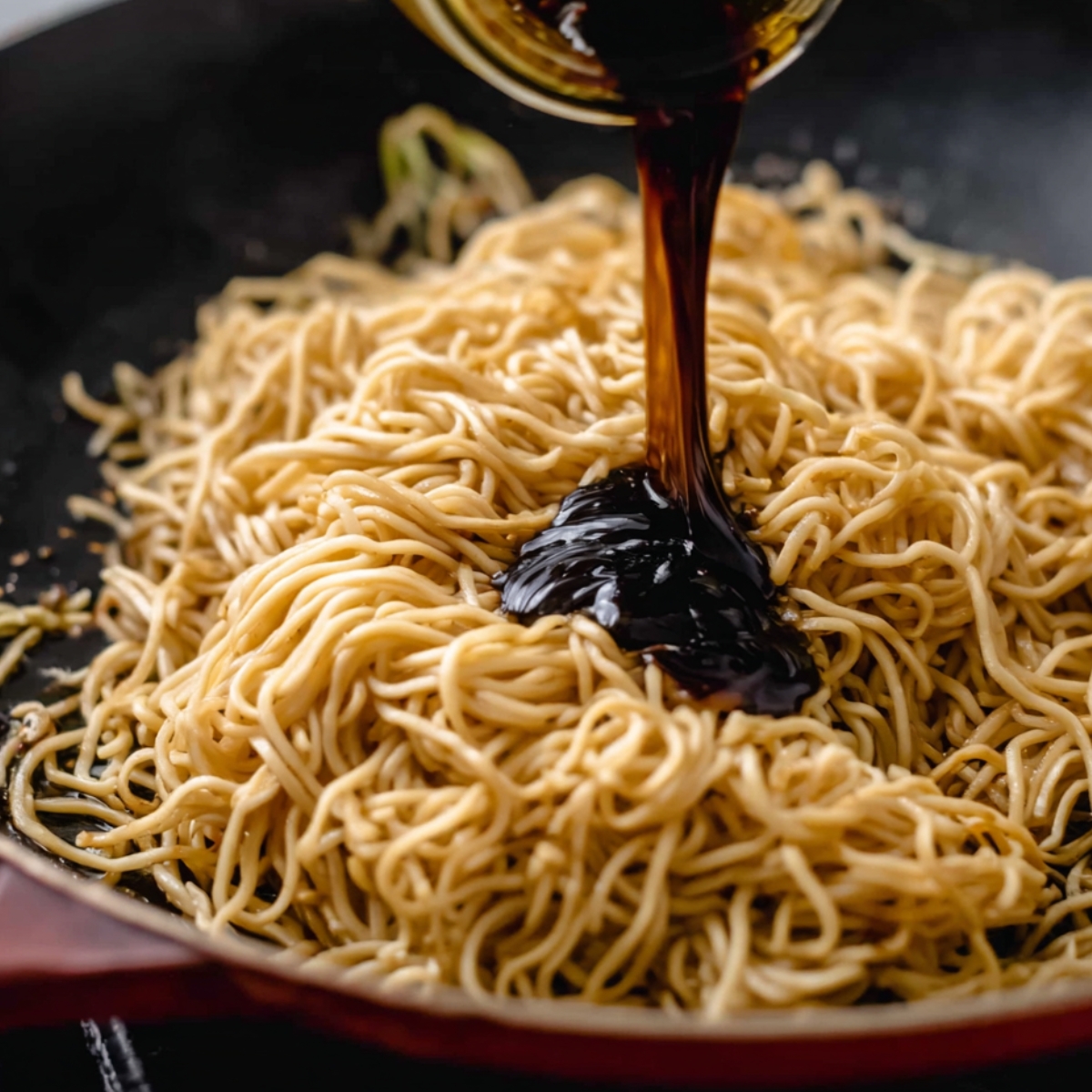 A rich, dark sauce being poured over perfectly cooked noodles, ready to be tossed and coated in a savory glaze. The sauce adds a glossy finish, infusing the noodles with irresistible flavor and bringing the dish together beautifully