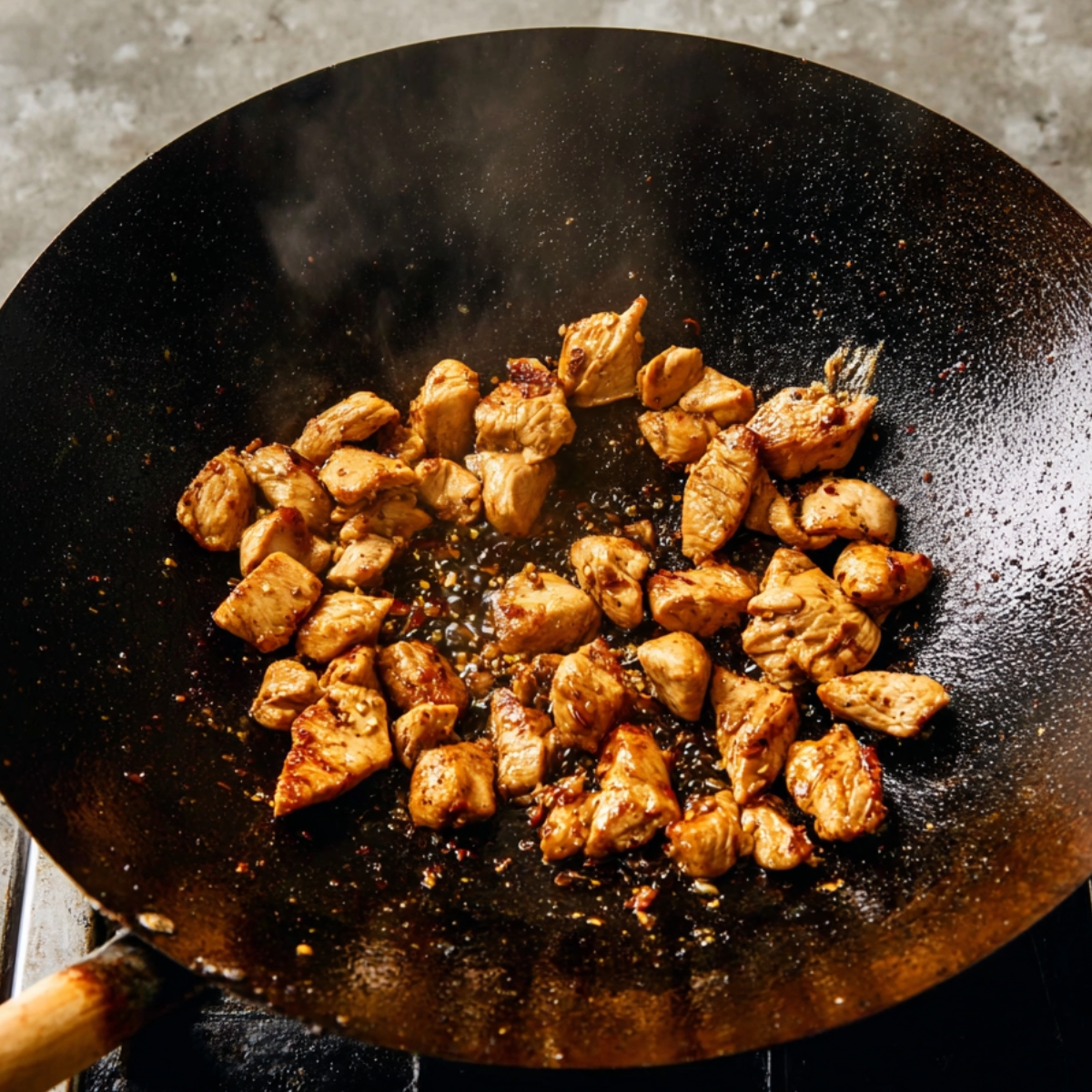 Tender pieces of chicken sizzling in a hot wok, surrounded by rich, savory sauce. The chicken is cooked to perfection, golden brown on the outside and juicy on the inside, ready to be incorporated into a flavorful stir-fry