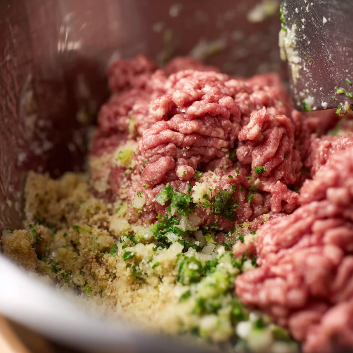 Close-up of raw ground beef and pork in a stainless steel mixing bowl with breadcrumbs, finely chopped onions, garlic, parsley, and herbs, prepared for making homemade meatballs.