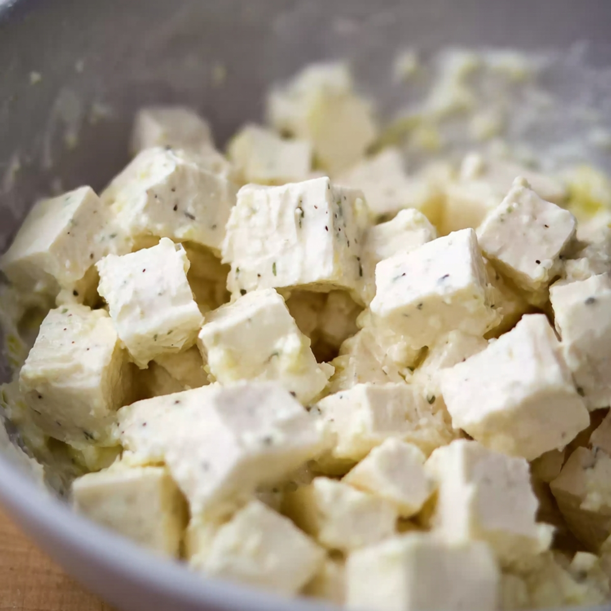 Cubed cheese mixed with a creamy dressing, creating a rich and savory base. The cheese is cut into small, bite-sized pieces, allowing it to easily combine with the dressing. This mixture can be used as a filling or topping, adding a rich and cheesy flavor to a variety of dishes.