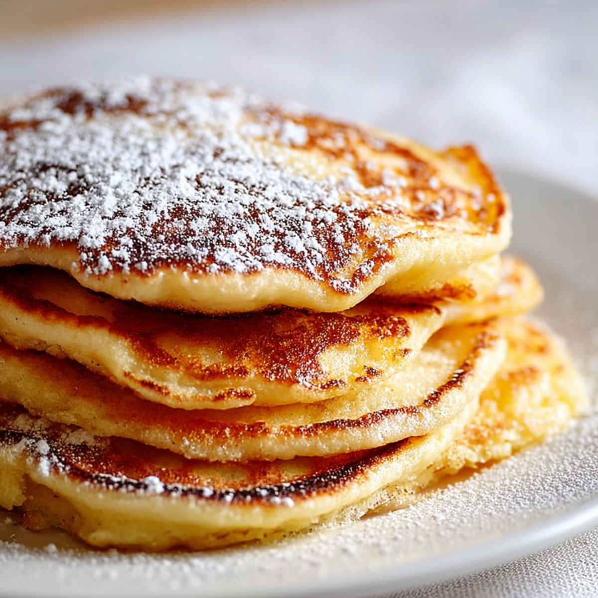 Stack of golden pancakes dusted with powdered sugar on a white plate, showing crisp edges and fluffy layers.