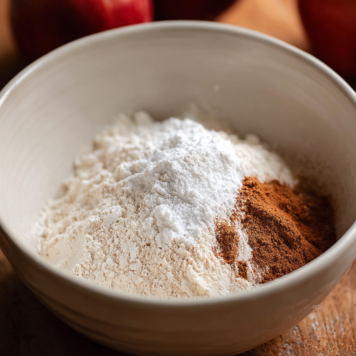White bowl filled with flour, cinnamon, and powdered sugar for apple snickerdoodle cookies, with apples blurred in the background.