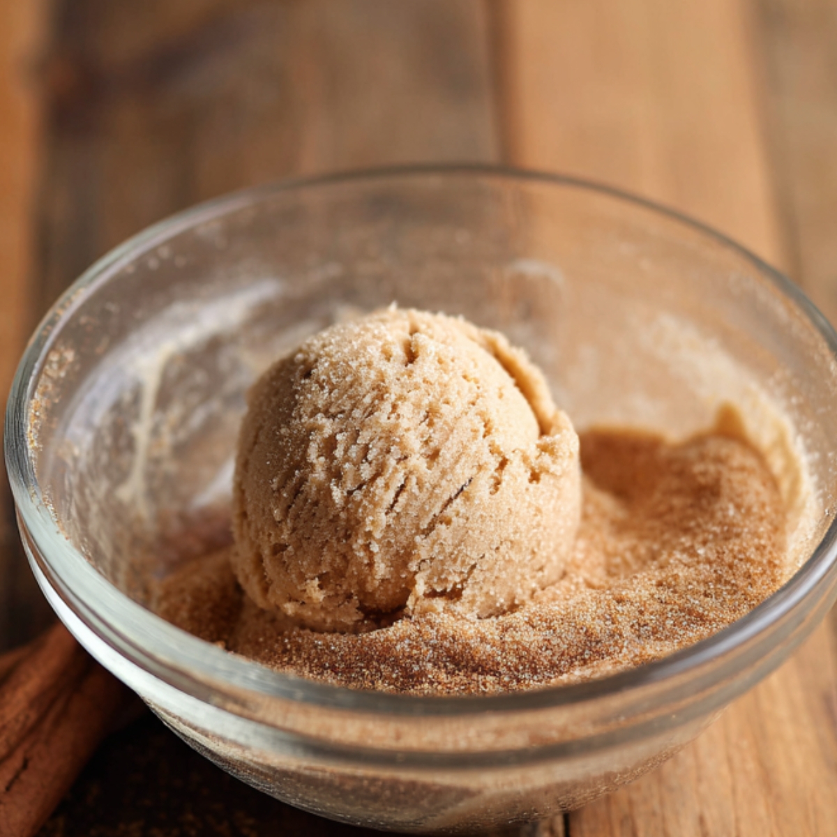 Scoop of cinnamon sugar mixture in a glass bowl on a rustic wooden surface, used for coating apple snickerdoodle cookie dough.