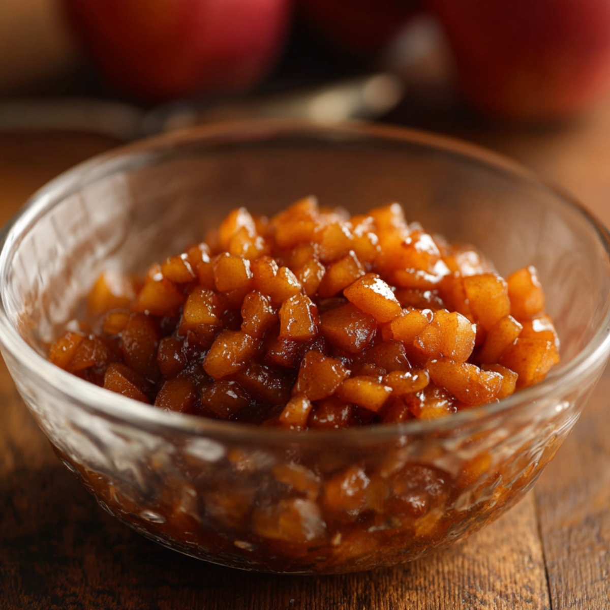 Glass bowl of cooked diced apples coated in cinnamon sugar syrup for apple snickerdoodle cookies.