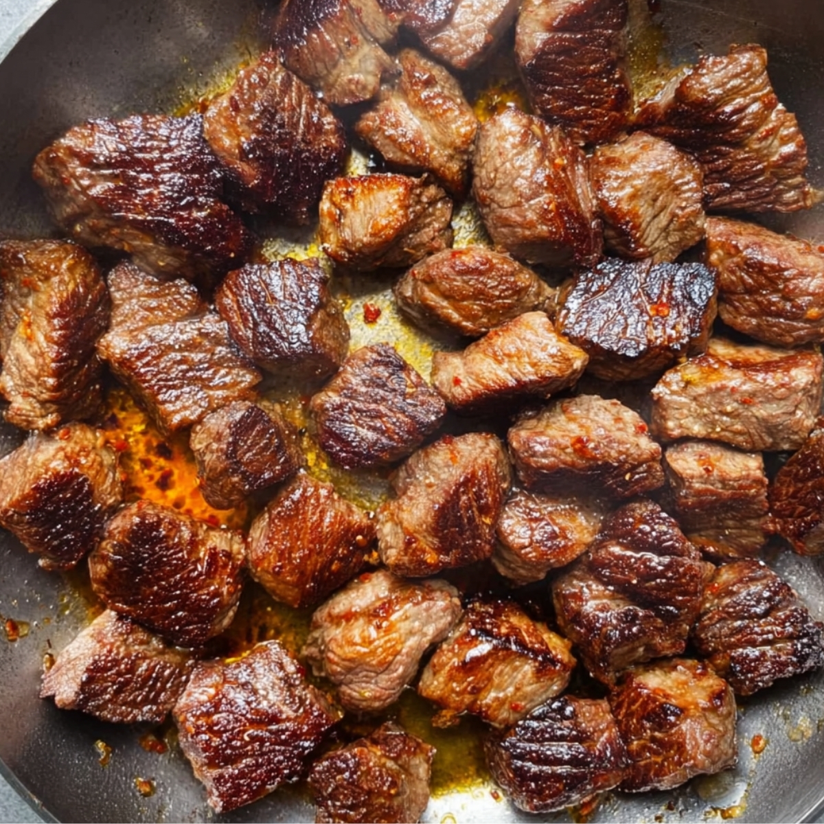 Close-up of beef cubes being seared in a pan to develop a crispy, golden exterior before being added to the stew.