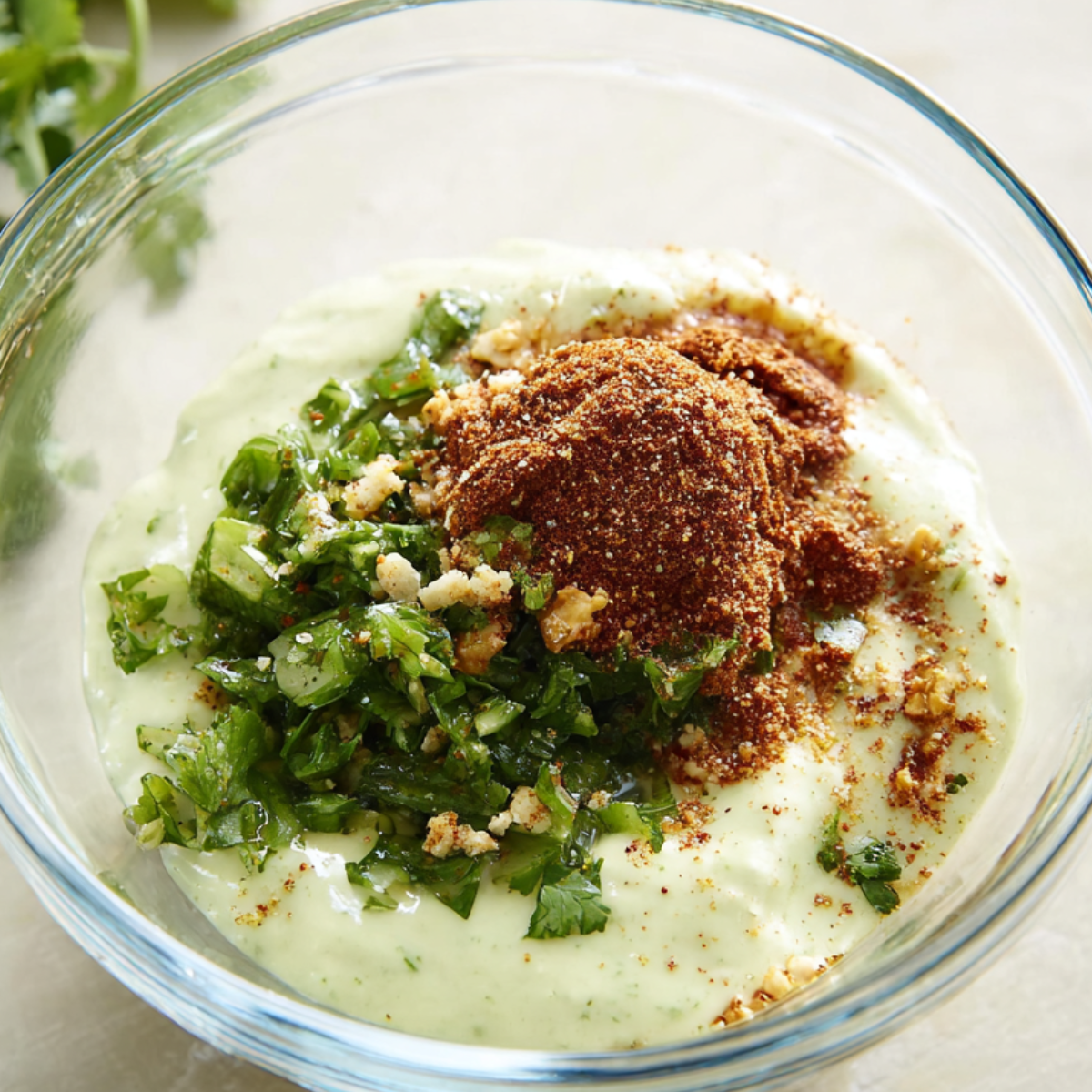 A fresh and creamy cilantro-lime sauce with chopped cilantro, chili powder, and other spices, in a bowl, ready to complement the taquitos.