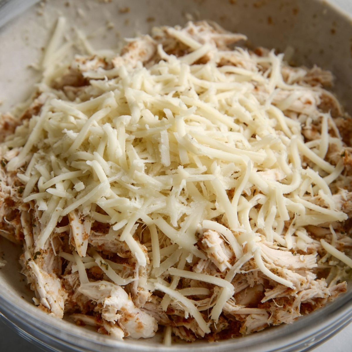 A close-up of shredded chicken mixed with melted mozzarella cheese, ready to be used as a filling for taquitos.