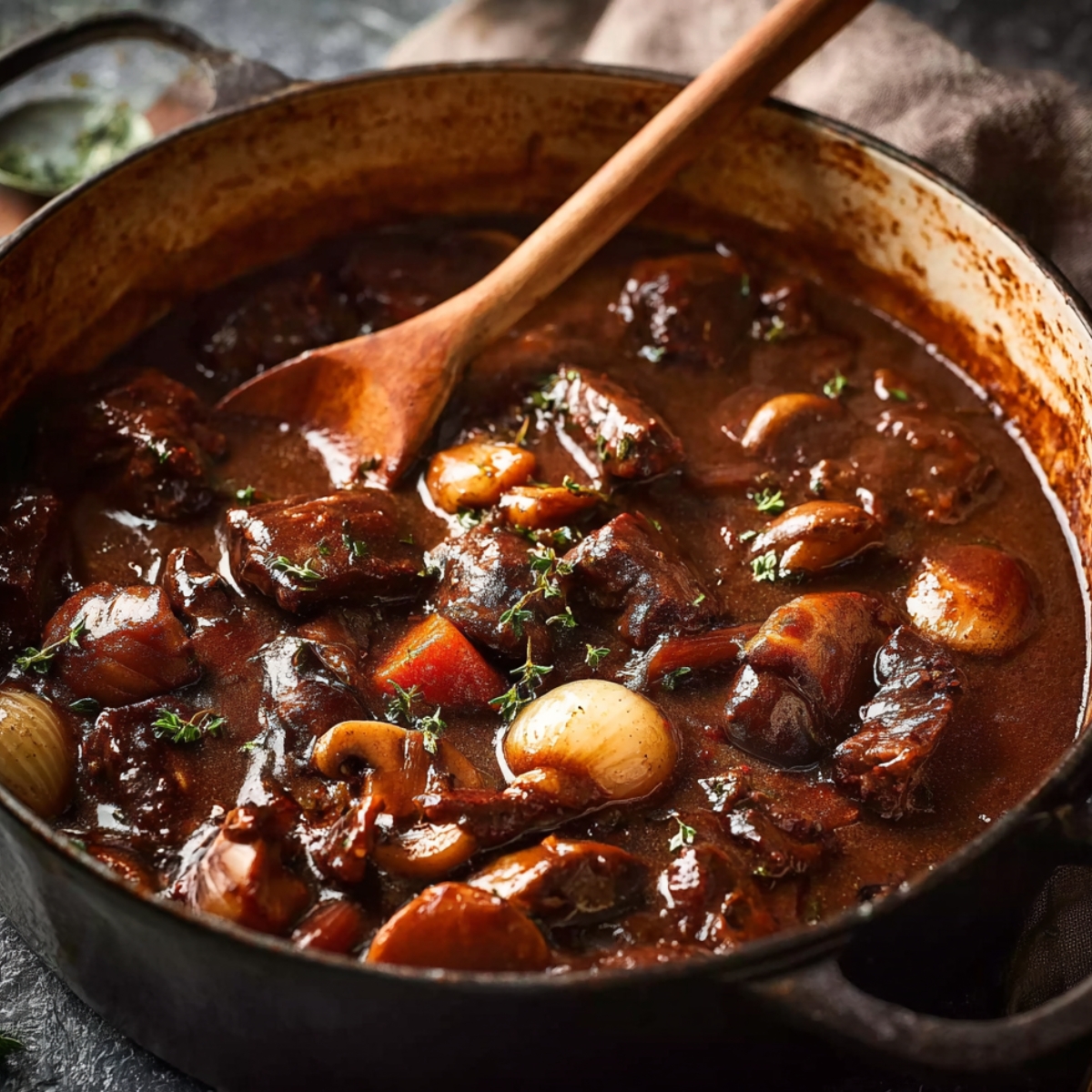 Beef bourguignon simmering in a cast-iron pot, with tender chunks of beef, pearl onions, carrots, mushrooms, and a rich red wine sauce, garnished with fresh thyme. A wooden spoon stirs the savory stew.