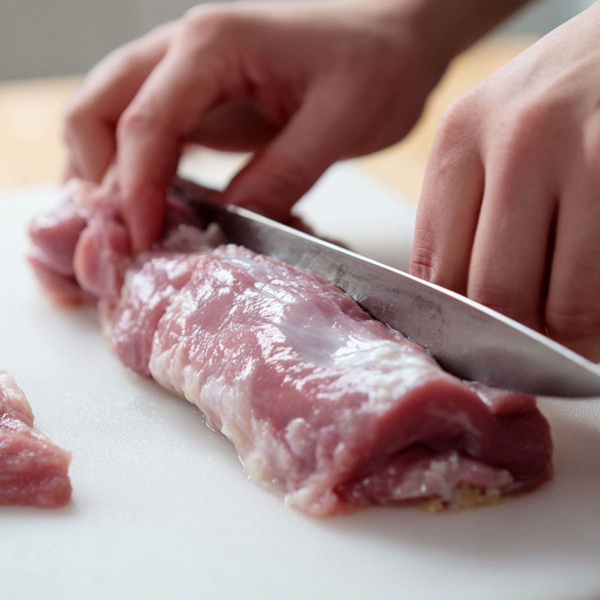 Hands trimming silver skin from raw pork tenderloin with a sharp knife on a white cutting board.