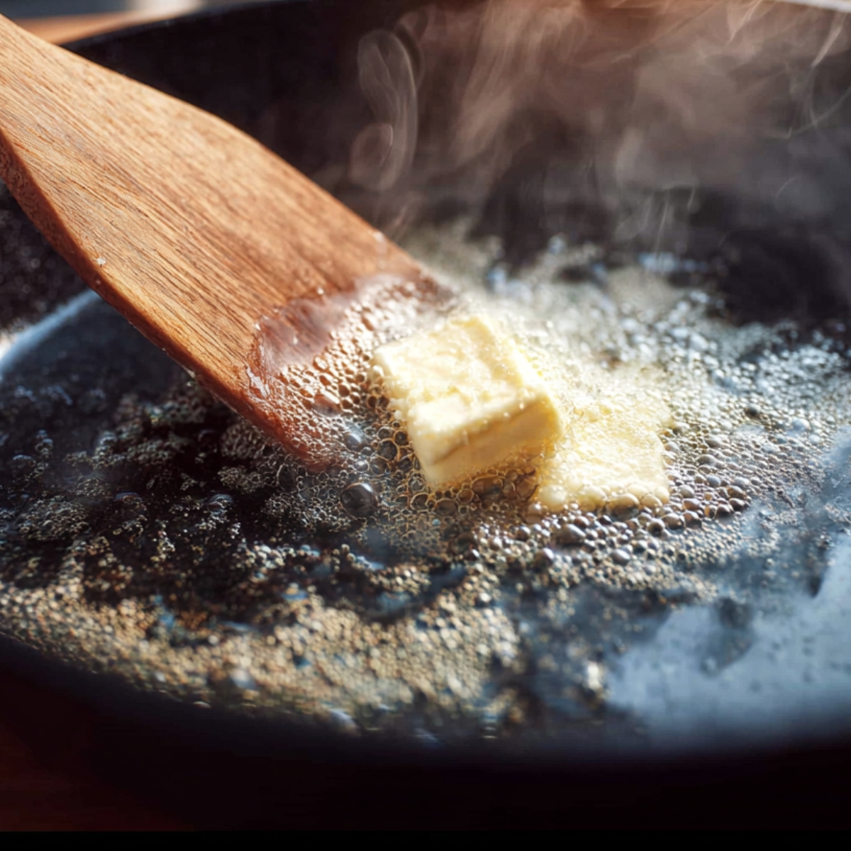 Butter melting and foaming in a hot cast-iron skillet as a wooden spatula pushes it across the pan.
