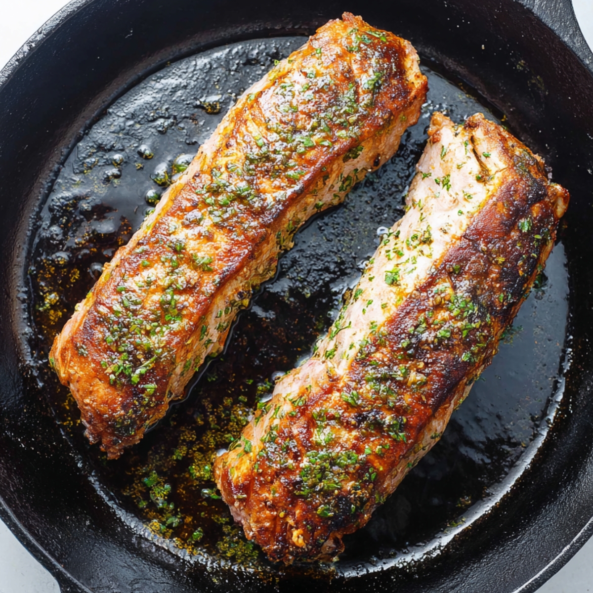 Two seasoned pork tenderloins searing in a cast-iron skillet with a golden-brown crust and fresh herbs.