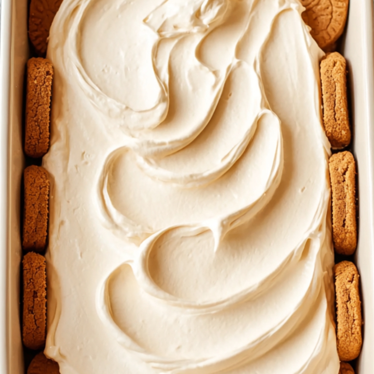 Overhead view of a rectangular baking dish layered with Biscoff cookies and a thick layer of whipped cream being spread on top.