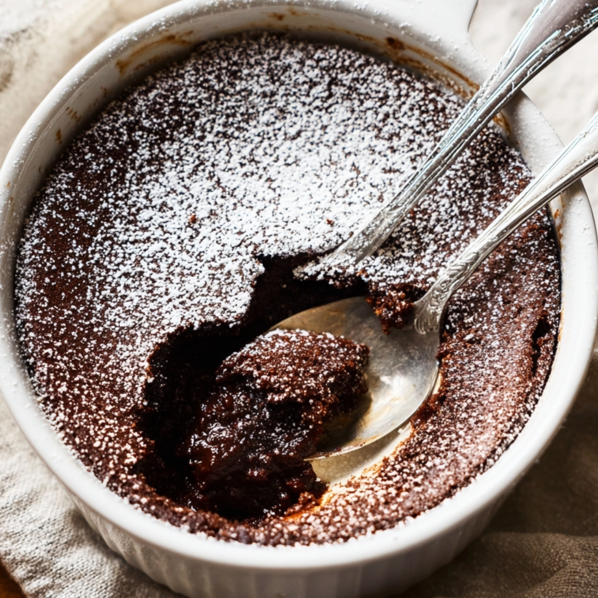 Overhead view of a chocolate brownie pudding in a white ceramic dish, dusted with powdered sugar and scooped with two silver spoons to reveal a rich, gooey center.