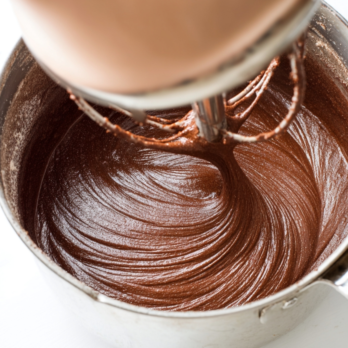 Thick, glossy chocolate brownie batter being mixed in a metal saucepan with a hand mixer, showing smooth swirls and a rich cocoa texture.