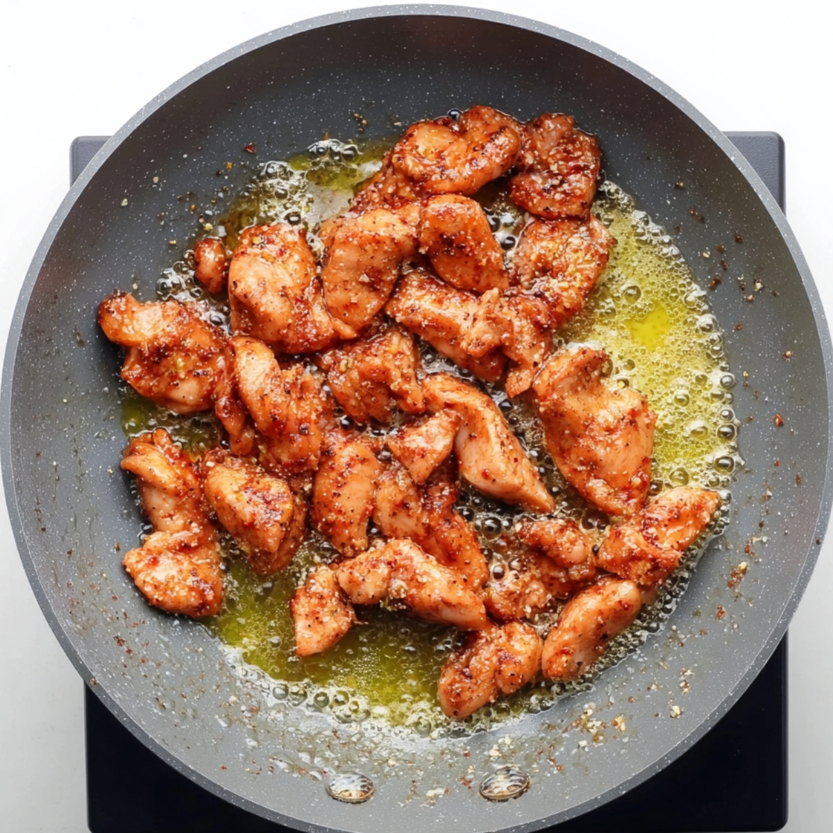 Cajun-seasoned chicken pieces browning in a skillet with melted butter and oil during the first step of making Cajun chicken orzo.