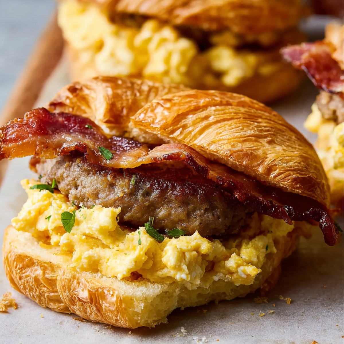 A savory croissant breakfast sandwich with scrambled eggs, sausage patty, and crispy bacon, all nestled in a flaky croissant.