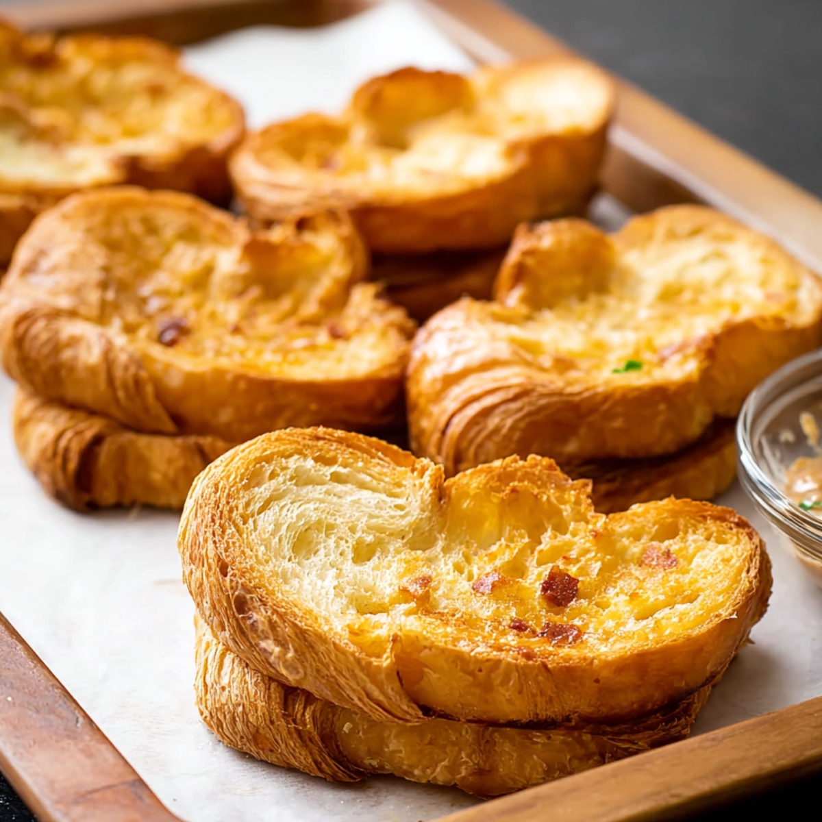 Golden toasted croissant halves with crispy edges, ready to be used for a breakfast sandwich.