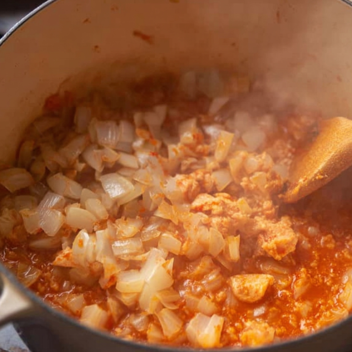 Chopped onions being sautéed in a pot with spices, forming a reddish masala base while being stirred with a wooden spoon.