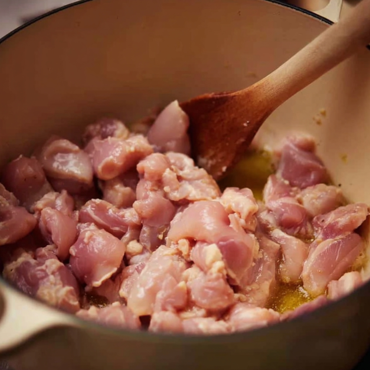 Raw chicken pieces being sautéed in a pot with oil, stirred using a wooden spoon during the early stage of cooking.