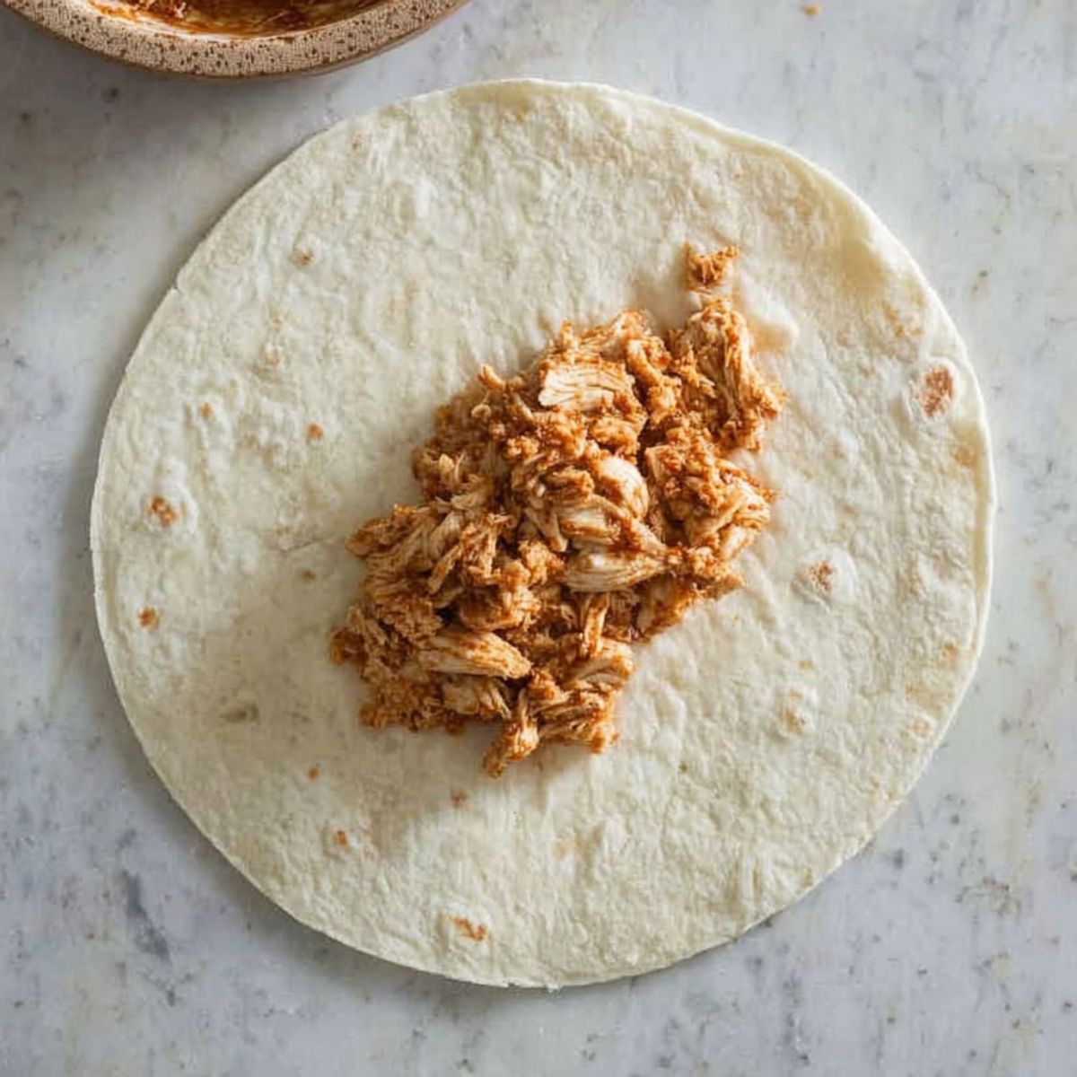 Flour tortilla laid flat on a marble countertop with seasoned shredded chicken placed in the center, preparing to wrap a chimichanga.