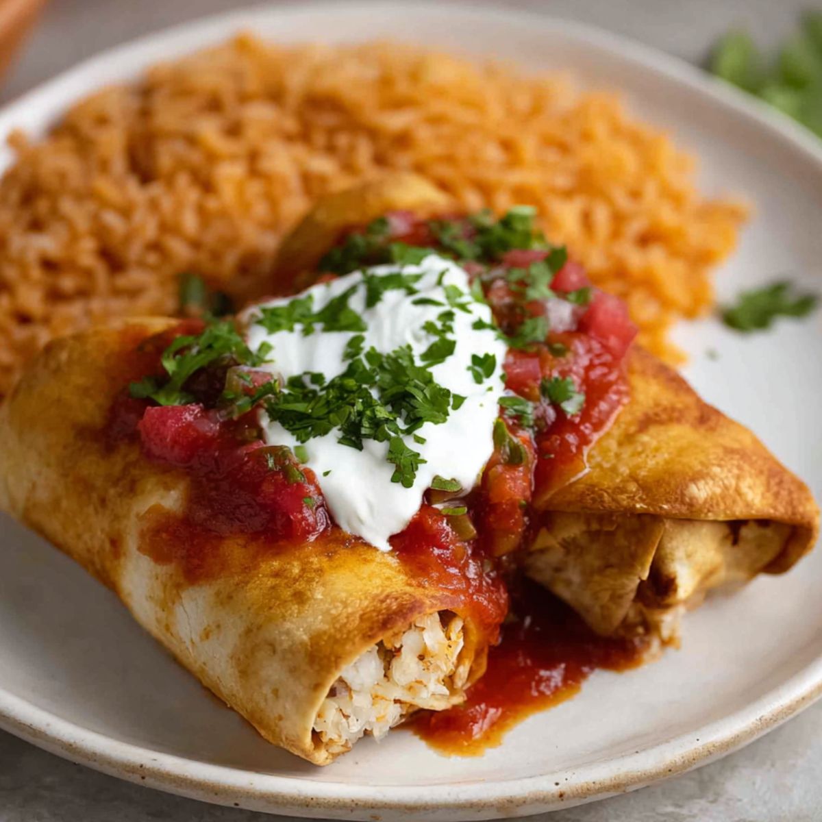 Two golden crispy chicken chimichangas topped with salsa, sour cream, and cilantro, served with a side of Mexican rice.