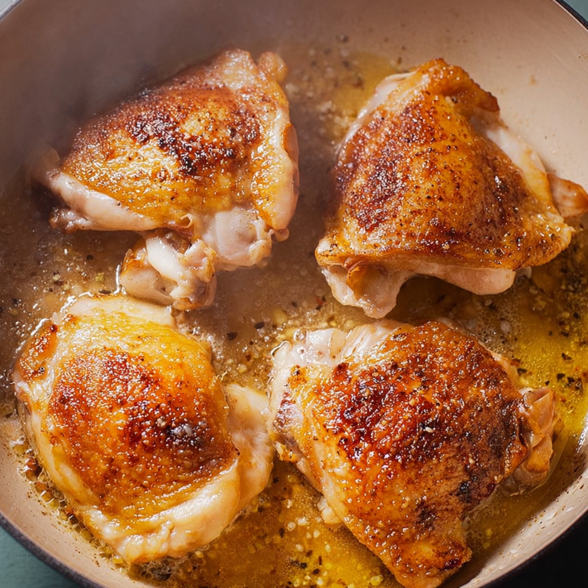 Golden, crispy skin chicken thighs being seared in a hot pan, with some oil and seasonings in the background."
