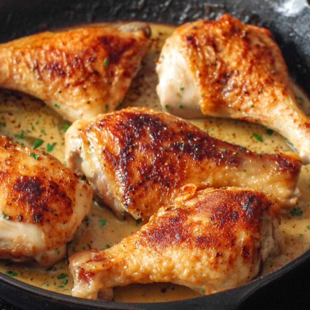 Golden, crispy-skinned chicken legs, seared to perfection. A savory base for a delicious chicken dish.