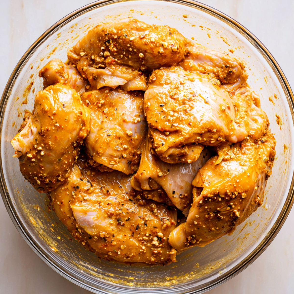 Raw chicken thighs coated in a golden Peruvian spice marinade in a clear glass bowl, ready for cooking.