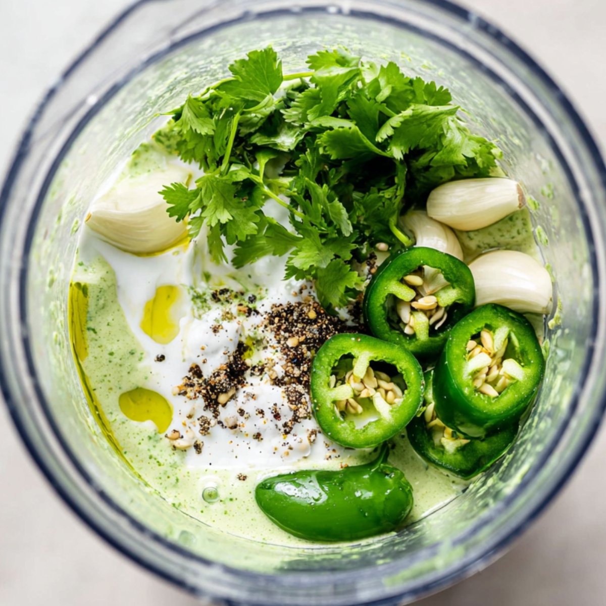 Blender filled with cilantro, jalapeños, garlic, yogurt, olive oil, salt, and pepper for making Peruvian green sauce.